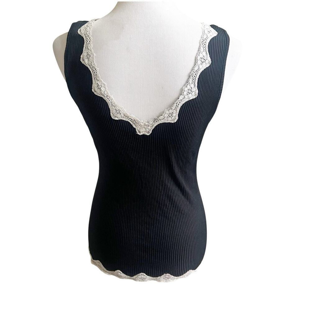 Lace Trim Ribbed Camisole Tank Black Cream Y2K Size M/L Fairy Grunge - Picture 2 of 9